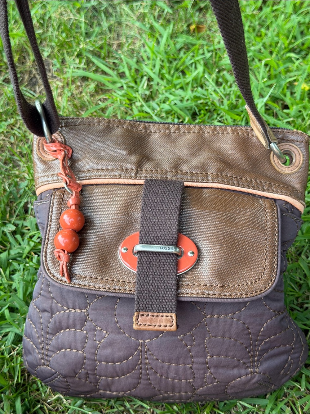 Fossil Brown Quilted Crossbody Bag with Orange Accents